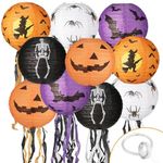 10pack Halloween papper lanterns,Black orange purple Paper Lantern with Hooks and String,Round Paper Lantern for Halloween Party Decorations（10 inch） (5*lanterns 5*whiskers lanterns)