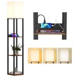 Meisoda Floor Lamp with Shelf, Standing Lamp W/3 Tier Wood Shelves and 2 USB Ports 1 Power Outlet, 3 Color Temperatures Dimmable LED Floor Lamps for Living Room, Bedroom & Office