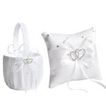 MISNODE Wedding Flower Girl Basket And Ring Bearer Pillow Set Of 2,Ivory Satin Bowknot Ring Bearer Pillow For Weddings,Double Heart Rhinestones Decor (White)