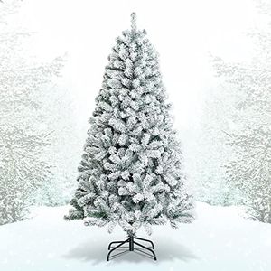 Costway 1.8m Snow Flocked Artificial Christmas Tree W/ 600 Tips, Foldable Metal Stand, Unlit Hinged Xmas Tree, Easy Assembly, Lush Xmas Tree, Holiday Festival Decor for Office, Home, Store, Party