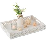 Hanobe Wooden Serving Decorative Tray: White Coffee Table Centerpiece Wood Trays with Handles for Ottoman Rectangle Large Farmhouse Home Decor, Hand Carved