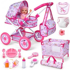 BABESIDE 12 Inch Baby Doll Stroller with Crib Set with Accessories | Doll Stroller Set with Feeding Accessories for Dolls Up to 15 Inches, Pretend Play Toys for Girls Ages 3+