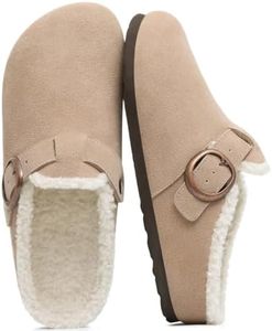 Eyriphy Women's Fur Lined Genuine Suede Clogs Fuzzy Cork Footbed Taupe