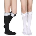 Benefeet Sox Womens Girls Knee High Socks Novelty Argyle Checkered Football Cotton Long Tube Socks, 2pack-black White Ruffle Bow, One Size