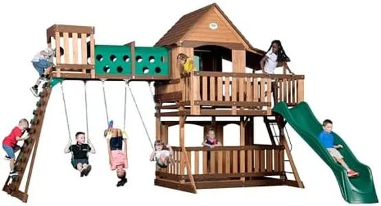 Backyard Discovery Woodridge Elite All Cedar Wood Swing Set, Upper and Lower Deck, Sandbox, Vented Tunnel, Rock Climbing Wall, Coated Rope Belted Swings, Acrobat Bar, Bench Seating, 10 ft Slide