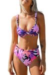 CUPSHE Women Swimsuit Bikini Sets Push Up Mid Rise Floral Bathing Suit with Adjustable Ruched Straps Purple/Floral M