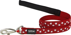 Red Dingo Dog Lead 1.2m Design, Stars White on Red, Size Medium (20mm x 1.2m)