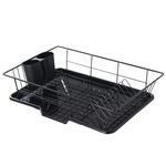 Sweet Home Collection Space-Saving 3-Piece Dish Drainer Rack Set: Efficient Kitchen Organizer for Quick Drying and Storage - Includes Cutlery Holder and Drainboard - Maximize Countertop Space, Black