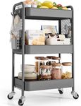 TOOLF Rolling Carts with Wheels, 3 Tier Rolling Utility Cart, Metal Storage Organizer with Pegboard Hooks Bins for Bathroom Kitchen Storage, Three Tier Cart for Book Diaper & Craft Art Supplies, Grey