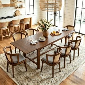 DM Furniture 9-Pieces Farmhouse Dining Table Set for 8, 59"-94" Extendable Kitchen Table & Upholstered Chairs, Solid Wooden Table with Woven Ratten Chair Living Room Restaurant - Walnut/Walnut