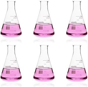 Labvida 6pcs of Narrow Mouth Glass Erlenmeyer Flasks, Vol.150ml, 3.3 Borocilicate with Printed Graduation, LVC002