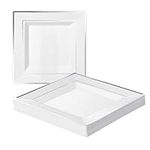 MATANA 100 Premium White Square Plastic Dinner Plates with Silver Rim, 24cm / 9 Inch - Elegant & Reusable Party Plates for Weddings, Birthdays, Picnic, BBQ, Parties