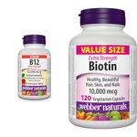 Webber Naturals Vitamin B12 10,000 mcg, Ultra Strength & Biotin 10,000 mcg Extra Strength, 120 Capsules, Supports Healthy Hair, Skin & Nails, Energy Metabolism, Vegan