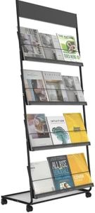 tongmo Magazine Rack: Floor-Standing 4-Layer with Wheels, Brochure Display Stand, High-hardness metal for Exhibitions, Office, and Any Organization Requiring Information Display(Black)