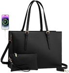 LOVEVOOK Laptop Tote and Briefcase Set for Women - 15.6 Inch Waterproof Leather Shoulder Bag with USB Charging Port for Business, Office, Work - Black