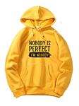 SXV Style Unisex Yellow Hoodie with Black Print:SV-YELHOO- Nobody is Perfect I'm Nobody/Printed Yellow Hoodie/Graphic Printed Hoodie/Hoodie for Men & Women / (Large)