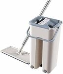 Flipco Flat Floor Mop and Bucket Set for Floor Cleaning, Hands Free Squeeze Mop for Hardwood, Laminate Floor. Stainless-Steel Handle, 2 Washable Reusable Microfiber Mop Heads.