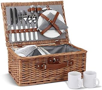 Picnic Basket for 2, Willow Hamper Set with Insulated Compartment, Handmade Large Wicker Picnic Basket Set with Utensils Cutlery - Perfect for Picnicking, Camping, or Any Other Outdoor Event