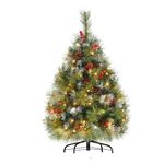 3FT Christmas Tree - Flocked Xmas Tree with 70 LED Lights & 8 Modes, Lifelike Pine Branches, Decorated with 10 Red Berries & 10 Pine Cones, Small Tabletop Christmas Tree for Home Apartment Office Dorm