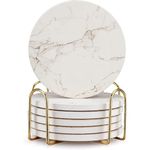 6 Pcs White Marble Coaster Set with Holder Best Absorbent Coasters Drink Coasters Ceramic Bar Coasters Cute Table Coasters Gift Cup Stone Coasters Modern Coasters