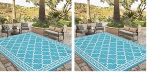 IMINROME Outdoor Rug for Patios Waterproof 5x8 Reversible Rug Geometric Rug Lightweight Rug Plastic Straw Outdoor Rug for Outside, RV, Deck, Picnic, Beach, Trailer, Camping, Teal/White (Pack of 2)