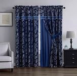 Chezmoi Collection Tuscany 4-Piece Navy Silver Paisley Floral Jacquard Window Curtain/Drape Set - Attached Sheer Backing and Valance