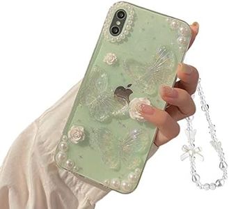 Fycyko Compatible with iPhone X/XS 3D Butterfly Floral Clear with Design Aesthetic Women Teen Girls Glitter Pretty Crystal Sparkle Sparkly Cute Girly Phone Cases Protective Cover+Chain-Clear