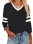 Sunidol Womens 3/4 Sleeve Baseball Tees Shirts V Neck Color Block Casual Summer Comfy Striped Basic Blouse Tops, 03-v Neck Black, Medium