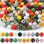 Sunrony 100pcs Sports Silicone Beads 15mm，Basketball Football Volleyball Silicone Beads for Keychain Making, Tennis Ball Baseball Silicone Beads Prints for Necklace Bracelet Making(Sports)