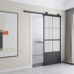 JUBEST 36in x 84in Glass Sliding Barn Door, Modern French Door, Paneled Frosted Glass Carbon Steel Frame Sliding Closet Kitchen Pocket Interior Door with 6FT Hardware Kit and Soft Close Mechanisms