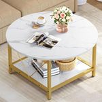 YITAHOME Round Coffee Table,Rustic Wood Coffee Tables for Living Room with Storage Shelf, Modern Farmhouse Circle Coffee Table Center with Sturdy Metal Legs Home Furniture, Gold and White