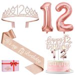 12th Birthday Decorations, Including 12th Birthday Sash and Tiara, 12 Candles and Happy Birthday Cake Toppers, Rose Gold Number 12 Balloons, 12th Birthday Gifts for Girls