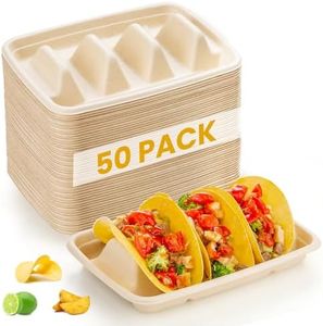 50 PCS Disposable Taco Holders for Party, Bagasse Pulp Fiber Taco Plates with 3 Dividers, Fiesta Taco Tray Holder, Taco Stands for 3 Tacos, Taco Tuesday Lazy Susan Taco Bar Serving Set for Party