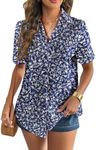 Zeagoo Oversized Hawaiian Linen Tops for Women Loose Fit Plus Size Summer Button Down Shirt Holiday Cotton Clothes Tropical Navy