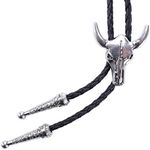 Western Vintage Bolo Tie for Men - Cow Skull Design Cowboy Tie - Black Leather Bolo Necktie Necklace, A-sliver Bull