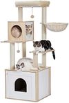 PAWZ Road 144CM Cat Litter Box Enclosure, Wooden Cat House with Cat Tree Tower, Hidden Cat Washroom Furniture, Cat Litter Cabinet Beige