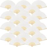 FEPITO 20 Pieces White Handheld Paper Fan Paper Folding Fans with Bamboos for Wedding Gift, Party, Home