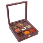 Shyre Wooden Masala Box with Antique Lock & Spoon|Spice-Fit Tabletop Glass Lid | Multipurpose Dry Fruit Box|Kitchen Masala Dani|(Handcraft Sheesham Wood, Detachable containers,Brown) (9 Box Container)