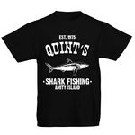 Youth Kids Childrens Quints Fishing Shark Jaws Inspired Amity Cult Movie T-Shirt Black 12-13 Years (XL)