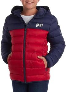 DKNY Boys Jacket – Midweight Insulated Quilted Outerwear Parka Puffer Coat – Water Resistant Boys Winter Hooded Jacket (8-20), Size 14-16, Navy/Red