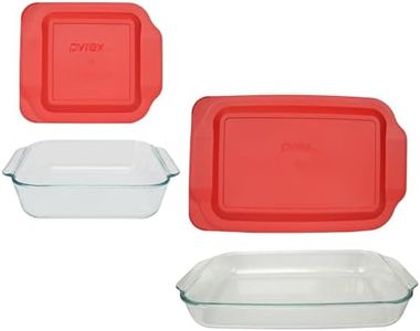 Pyrex Bundle: (1) 222 Clear Glass Baking Dish, (1) 233 Clear Glass Baking Dish, (1) 222-PC Red Plastic Lid, (1) 233-PC Red Plastic Lid