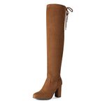 DREAM PAIRS Women's Thigh High Over The Knee Fashion Boots Block Mid Heel Long Sexy Faux Fur Boots,Size 8,Shoo-Brown/Suede,SHOO