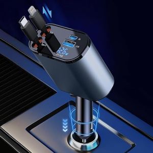 Retractable Chargeur Voiture, 66 W Chargeur de Voiture 4 en 1 à Charge Ultra Rapide, câble rétractable Adaptateur de Chargeur de Voiture pour iPhone 15 14 13 12 Pro Max, iPad, Galaxy S23