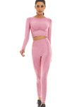 Toplook Women Seamless Workout Outfits Athletic Set Leggings + Long Sleeve Top 2 Pieces, Pink, Large