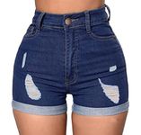Pnadty Women's High Waisted Elastic Denim Shorts Summer Fashion Folded Hem Jean Shorts(Ripped Dark Blue,Large)