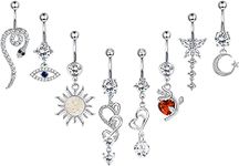 MILACOLATO 14G Belly Button Rings Dangle for Women Surgical Steel Belly Piercing Silver Gold Summer Sun Snake Skull Hand with Opal Clear CZ Belly Bar Navel Piercing Jewellery 8Pcs