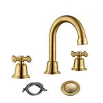 RKF Bathroom Faucets for Sink 3 Hole Gold 8 inch Widespread Bathroom Sink Faucet with Drain 2 Handles Cross Knobs Faucet Bathroom Vanity Faucet Basin Mixer Tap Faucet with Hose & Deck CWF039-BG