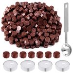 Bouiexye 500 Pcs Wax Seal Beads Wine Red Octagon Sealing Wax Beads with 4 Pcs Tea Candles and 1 Pcs Wax Melting Spoon for Crafts Letter Wine Greeting Cards Sealing