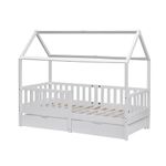 HOME MODERN Solid Pine Wood Kids Bed Frame Single Bed Frame House Scandinavian style Bed Frame with 2 Drawers Storage Children Bed for Bedroom Furniture, Mattress (WITHOUT) 90x190 (White)