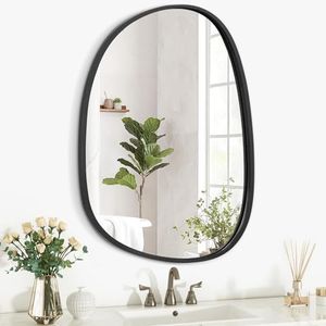 Asymmetrical Decorative Black Mirror for Wall Large Modern Oval Wooden Framed Wall Mirror Unique Shape Wall Mounted Vanity Artistic Wavy Mirror for Living Room Bedroom Bathroom Entryway 26"x18"